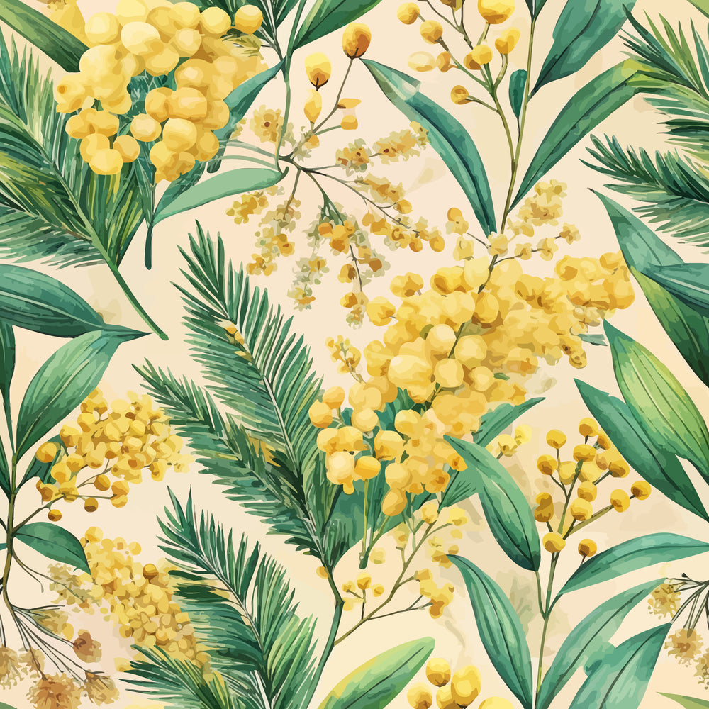 yellow flowers, mimosa blossoms, green leaves, palm fronds, botanical pattern, art nouveau style, floral design, cream background, tropical foliage, quilting cotton, fabric panel, spring blooms, golden yellow, sage green, nature motif, repeating pattern, delicate branches, watercolor style, botanical illustration, soft pastels