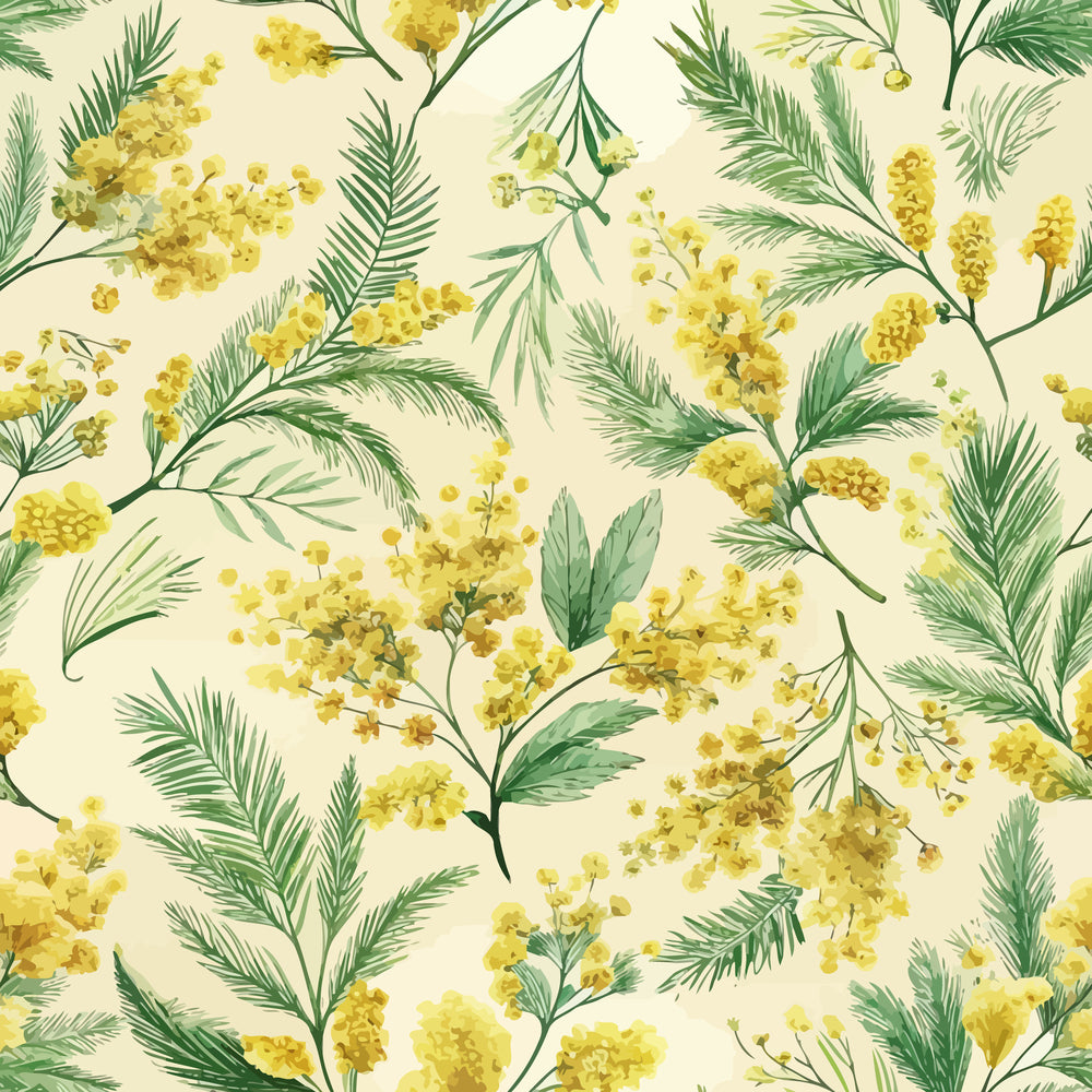 yellow flowers, golden mimosa, green foliage, cream background, botanical pattern, floral design, art nouveau style, spring blossoms, quilting cotton, fabric panel, delicate branches, natural motifs, soft yellow, sage green, vintage inspired, seamless repeat, elegant florals, nature theme