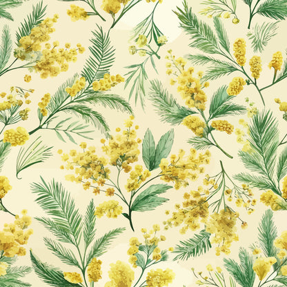 yellow flowers, golden mimosa, green foliage, cream background, botanical pattern, floral design, art nouveau style, spring blossoms, quilting cotton, fabric panel, delicate branches, natural motifs, soft yellow, sage green, vintage inspired, seamless repeat, elegant florals, nature theme