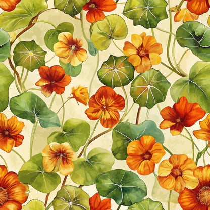 nasturtiums, floral pattern, orange flowers, yellow blooms, green leaves, botanical design, art nouveau style, quilting cotton, fabric panel, watercolor effect, vine pattern, garden flowers, warm colors, cream background, nature motif, flowing stems, organic shapes, vintage inspired, decorative florals