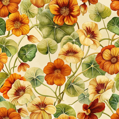 nasturtiums, floral pattern, orange flowers, yellow blooms, green leaves, cream background, botanical design, art nouveau style, quilting cotton, fabric panel, flowing vines, round leaves, delicate petals, warm tones, nature motif, garden flowers, seamless pattern, decorative florals, organic shapes, vintage inspired