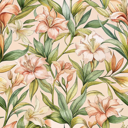 peach background, coral lilies, salmon flowers, green foliage, botanical pattern, watercolor style, floral design, quilting cotton, fabric panel, tropical blooms, lily blossoms, nature motif, soft pastels, realistic flowers, garden theme, seamless repeat, art nouveau, organic shapes, spring florals