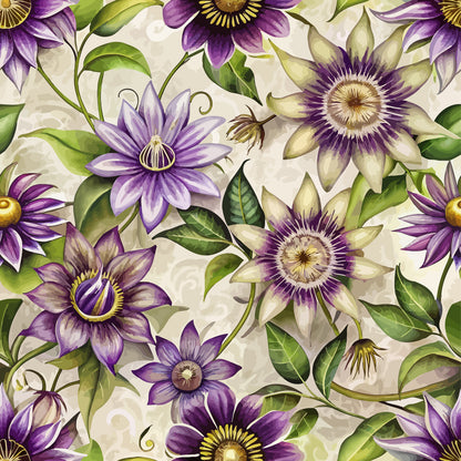 purple flowers, passionflowers, cream background, green leaves, botanical pattern, floral design, art nouveau style, quilting cotton, fabric panel, violet petals, golden centers, vine motifs, nature inspired, elegant florals, organic curves, decorative blooms, tropical flowers, flowing stems, ornate pattern, vintage aesthetic