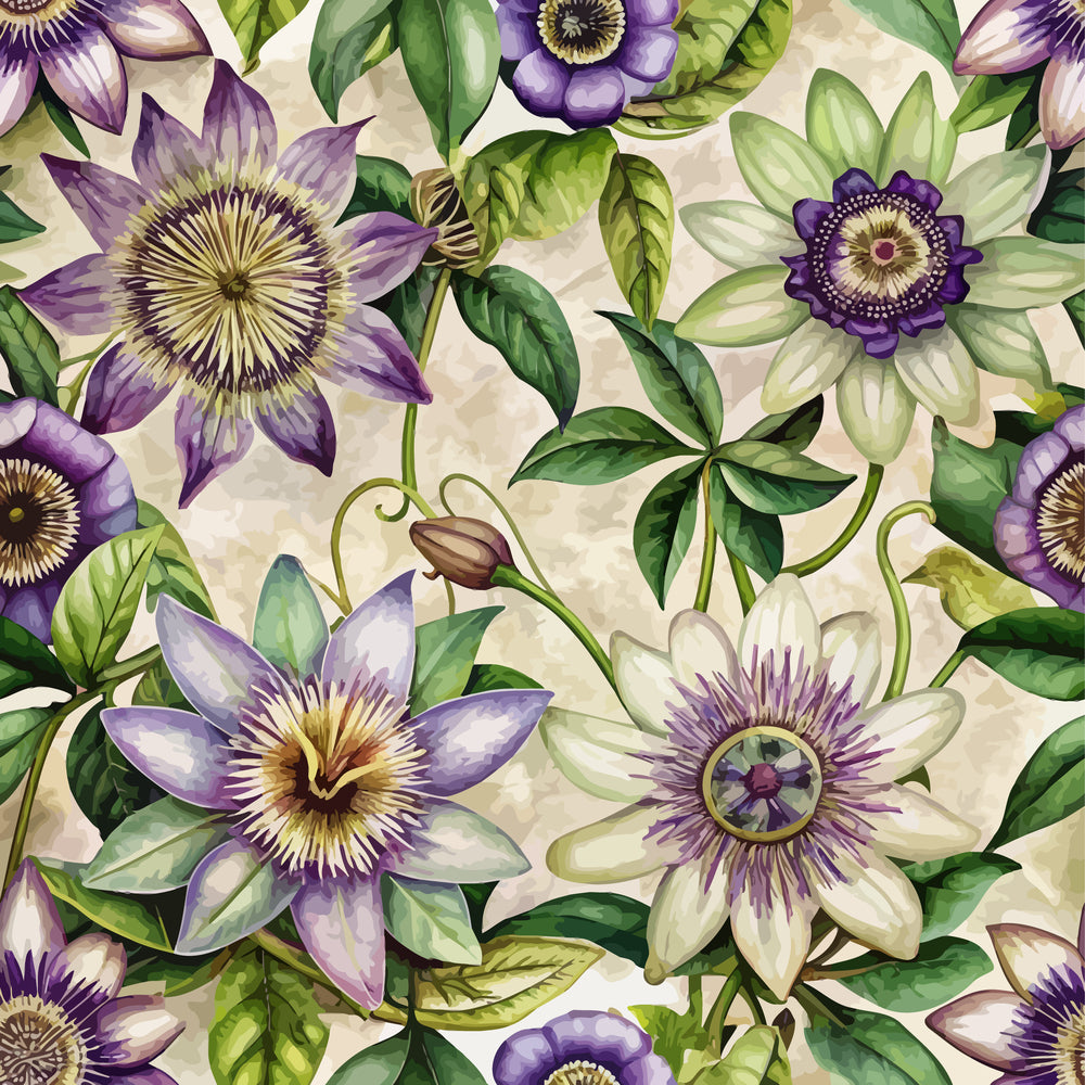purple flowers, passion flowers, botanical pattern, green leaves, cream background, floral vines, art nouveau style, quilting cotton, fabric panel, intricate blooms, purple petals, vine tendrils, decorative florals, repeating pattern, botanical illustration, garden flowers, flowing design, organic motifs, nature inspired