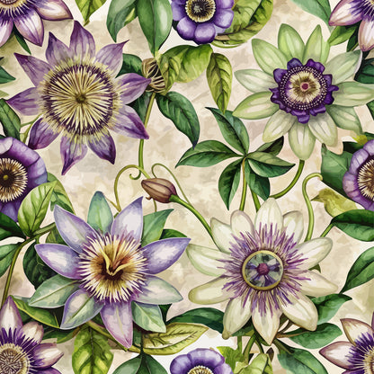 purple flowers, passion flowers, botanical pattern, green leaves, cream background, floral vines, art nouveau style, quilting cotton, fabric panel, intricate blooms, purple petals, vine tendrils, decorative florals, repeating pattern, botanical illustration, garden flowers, flowing design, organic motifs, nature inspired