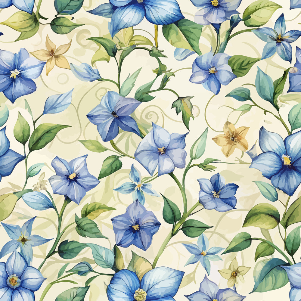 periwinkle blue, cream background, botanical pattern, floral design, green leaves, yellow flowers, art nouveau style, watercolor effect, quilting cotton, fabric panel, vine motifs, delicate blooms, nature inspired, soft pastels, flowing stems, organic curves, spring florals, seamless pattern, cotton fabric, decorative swirls