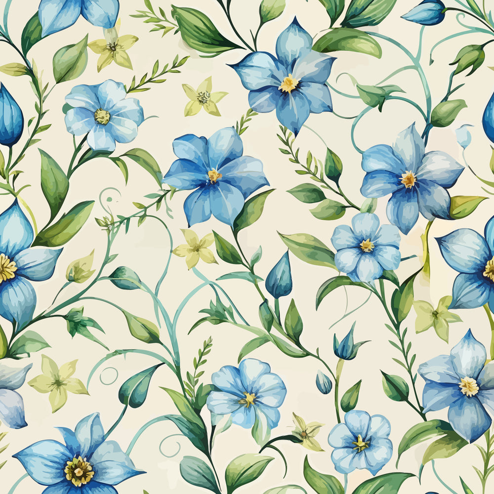 periwinkle blue, cream background, floral pattern, botanical design, green leaves, yellow centers, art nouveau style, flowing vines, organic curves, delicate flowers, quilting cotton, fabric panel, nature motif, soft watercolor, elegant florals, graceful stems, pastel palette, decorative blooms, whimsical garden