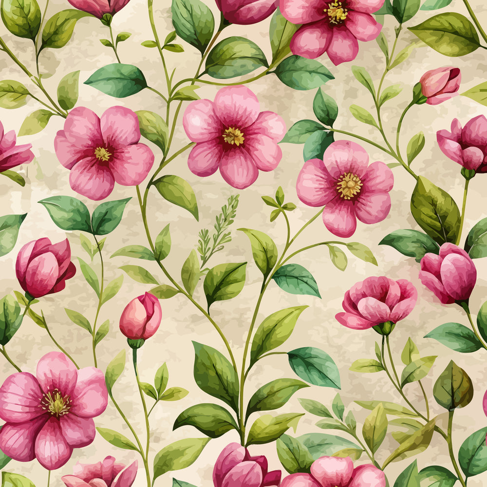 pink flowers, green leaves, floral pattern, botanical design, watercolor style, art nouveau, purslane blooms, cream background, quilting cotton, fabric panel, delicate florals, soft pink, sage green, yellow centers, flowing stems, vintage inspired, feminine design, seamless repeat, nature motif