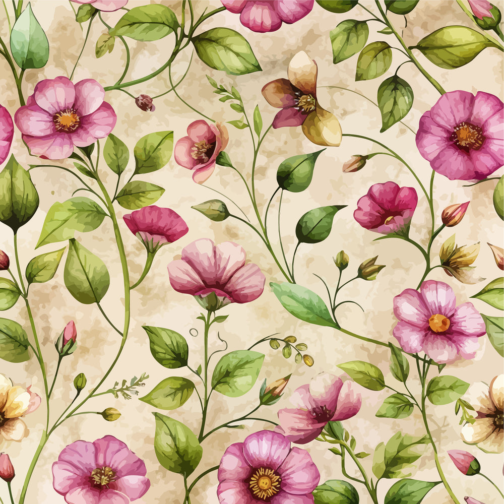 Art Nouveau Pink Purslanes Pattern 2 Quilting Cotton Fabric