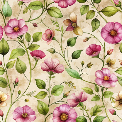 pink flowers, purslane blooms, green leaves, botanical pattern, floral design, art nouveau style, watercolor effect, beige background, quilting cotton, fabric panel, delicate petals, flowing vines, garden flowers, soft pastels, nature motif, repetitive pattern, organic shapes, botanical illustration, feminine floral, craft fabric