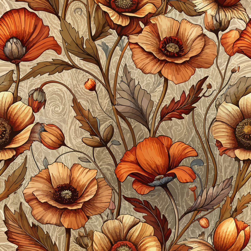 art nouveau, poppies, floral pattern, orange flowers, rust colored, burnt orange, cream background, botanical design, flowing stems, decorative leaves, vintage style, ornate florals, quilting cotton, fabric panel, seamless repeat, elegant motifs, warm tones, peach hues, brown accents, flowing vines