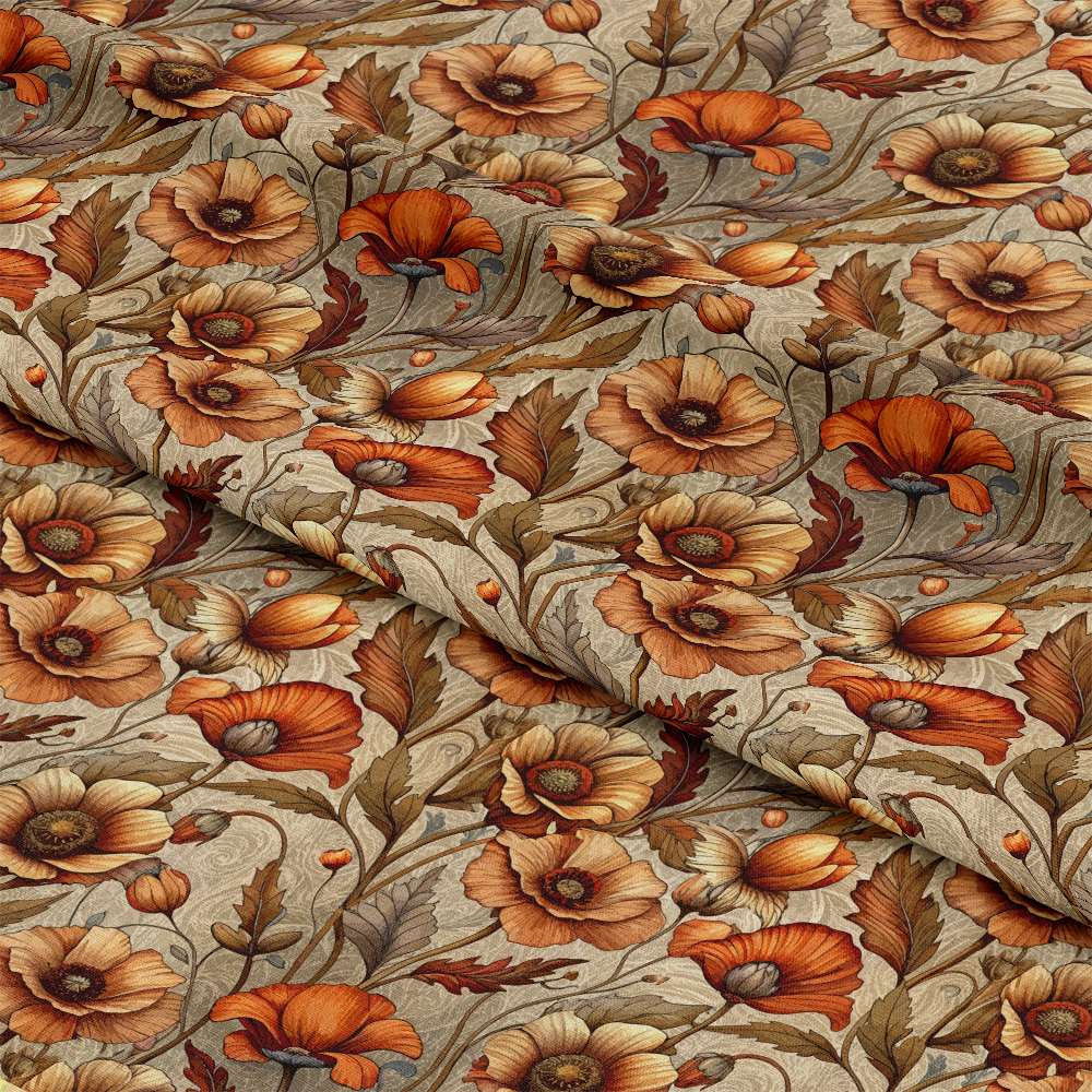 - Art Nouveau Poppies Pattern 1 Quilting Cotton Fabric  
- floral design  
- poppies  
- leaves  
- vintage style  
- autumn colors  
- beige background  
- orange flowers  
- brown accents  
- natural motif  
- quilting material  
- cotton textile