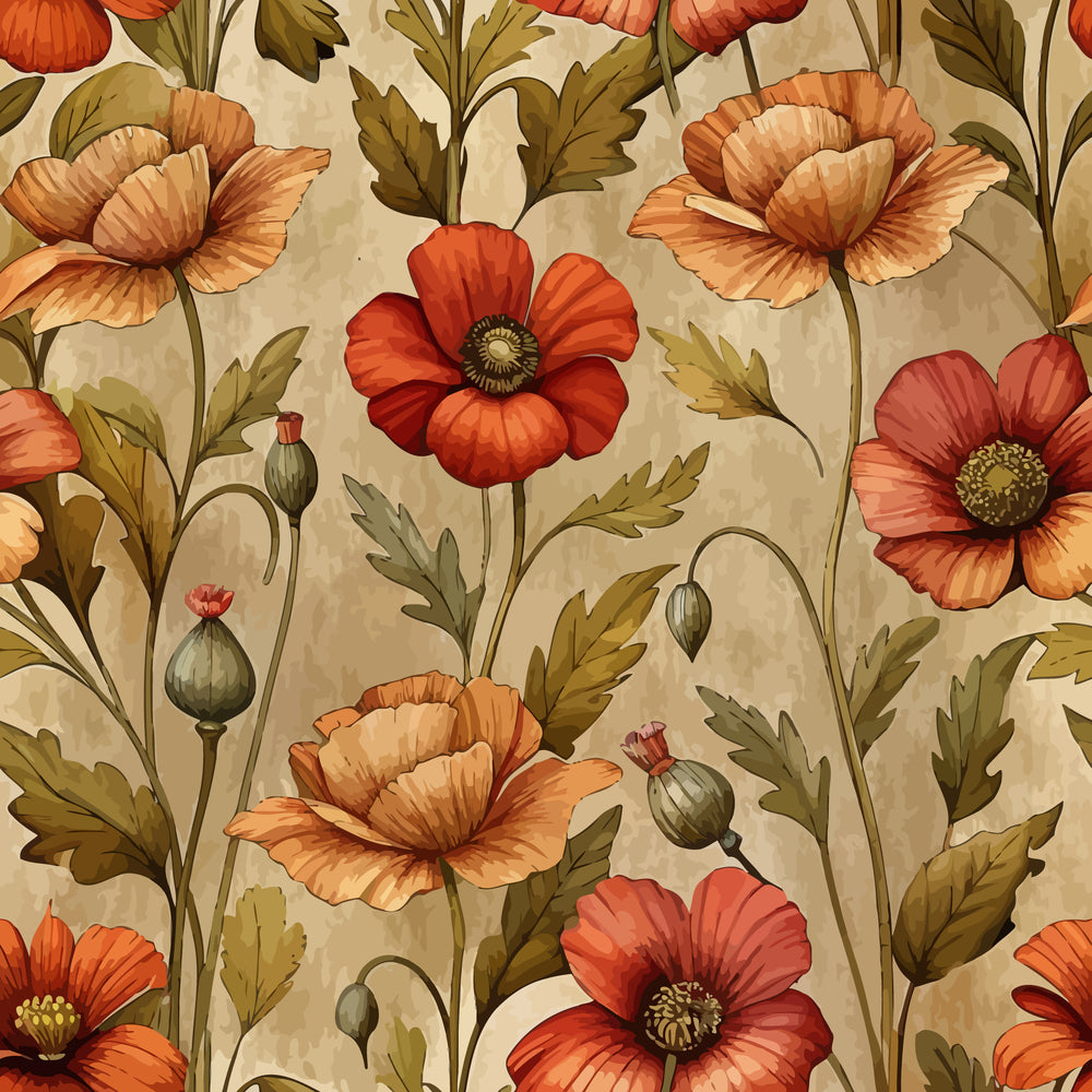art nouveau, poppies, floral pattern, botanical design, orange flowers, red blooms, olive green leaves, cream background, seed pods, stems, vintage style, quilting cotton, fabric panel, warm tones, earth colors, flowing design, organic shapes, decorative motifs, nature inspired