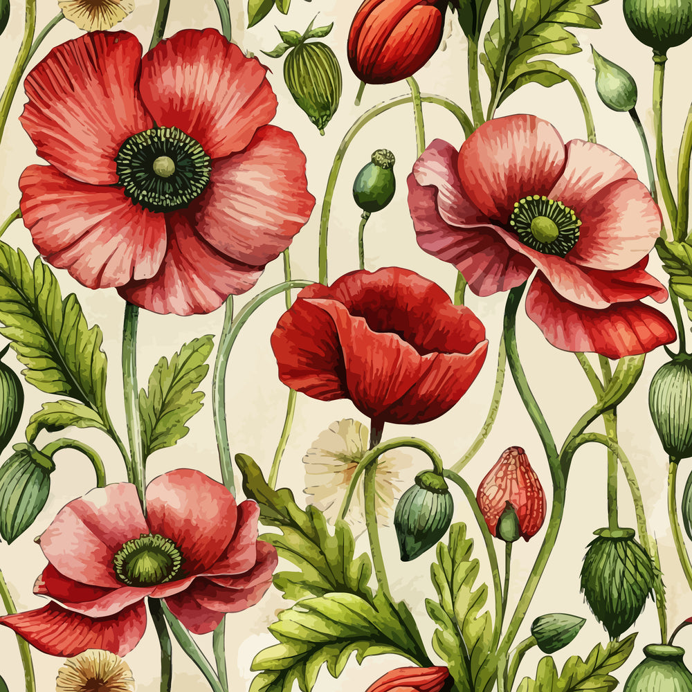 art nouveau, poppies, floral pattern, botanical illustration, red flowers, coral petals, green stems, seed pods, watercolor style, quilting cotton, fabric panel, vintage botanical, delicate petals, nature motif, cream background, pink blooms, realistic flowers, garden flowers, spring florals, detailed illustration