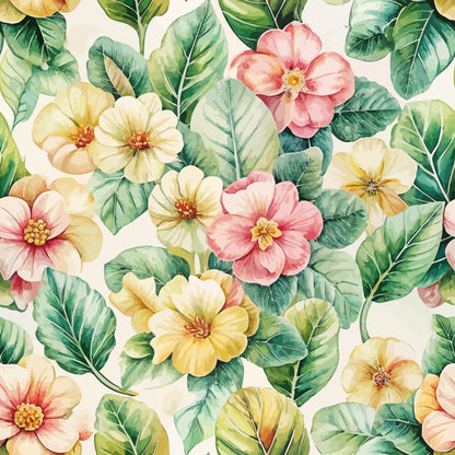 art nouveau, primroses, floral pattern, watercolor style, botanical design, pink flowers, yellow blooms, green leaves, cream background, quilting cotton, fabric panel, vintage florals, delicate petals, nature motif, soft pastels, repeating pattern, garden flowers, spring theme, feminine design, cottagecore aesthetic