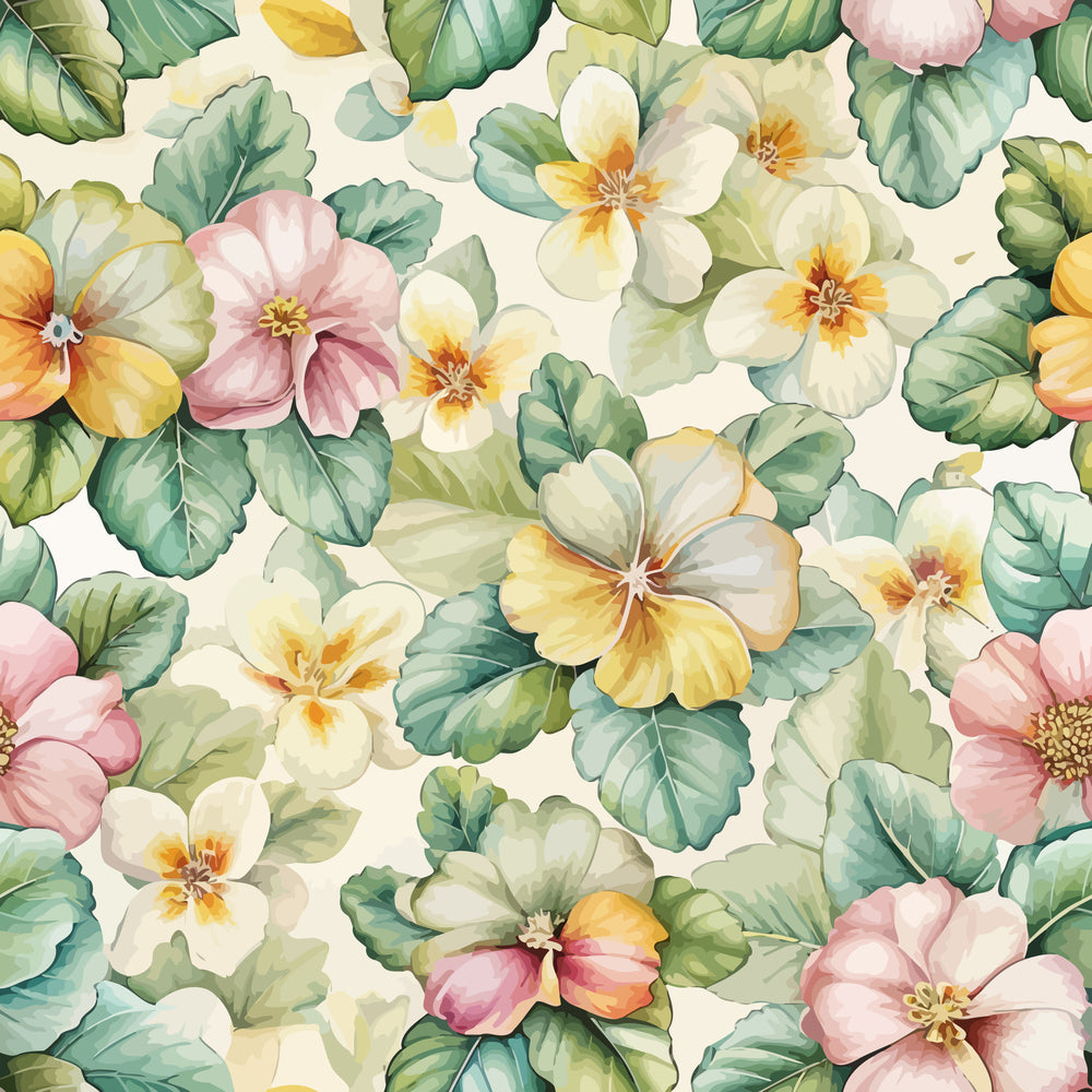 art nouveau, primroses, floral pattern, watercolor style, soft pastels, pink flowers, yellow blooms, cream petals, green leaves, botanical design, quilting cotton, fabric panel, delicate florals, vintage inspired, spring flowers, seamless repeat, romantic florals, garden motifs, pastel palette, nature pattern