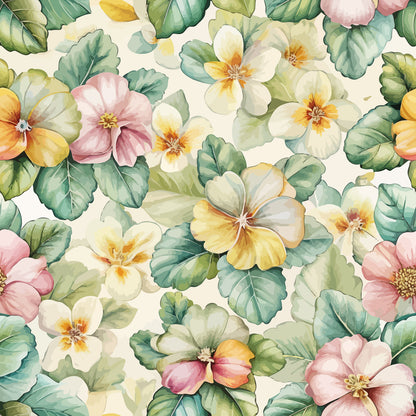 art nouveau, primroses, floral pattern, watercolor style, soft pastels, pink flowers, yellow blooms, cream petals, green leaves, botanical design, quilting cotton, fabric panel, delicate florals, vintage inspired, spring flowers, seamless repeat, romantic florals, garden motifs, pastel palette, nature pattern