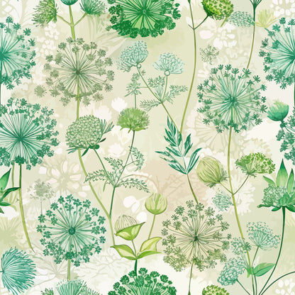 green, sage green, mint green, lime green, cream background, queen anne's lace, umbellifer flowers, delicate florals, botanical pattern, art nouveau style, nature inspired, wildflowers, lace flowers, organic shapes, flowing stems, garden motifs, quilting cotton, fabric panel, soft pastels, vintage botanical