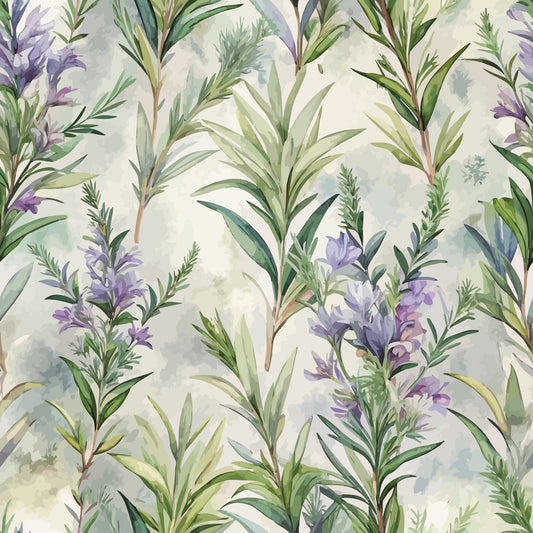 - Art Nouveau Rosemary Sprigs Pattern 1 Quilting Cotton Fabric  
- botanical  
- floral  
- green  
- lavender  
- purple  
- cream background  
- natural  
- herbal  
- cotton  
- quilting  
- fabric  
- leafy  
- vintage style