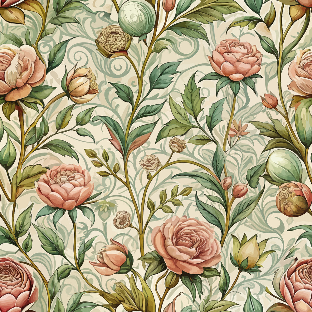 art nouveau, roses, floral pattern, pink roses, coral flowers, green leaves, sage green, cream background, botanical design, vintage style, flowing vines, ornate scrollwork, romantic florals, quilting cotton, fabric panel, rose buds, layered petals, organic curves, decorative swirls, muted pastels