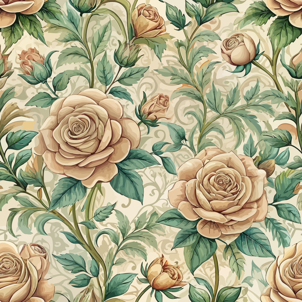 art nouveau, roses, floral pattern, beige background, cream roses, sage green leaves, botanical design, vintage style, quilting cotton, fabric panel, swirling vines, layered petals, romantic florals, muted tones, dusty rose, olive green, seamless repeat, ornate scrollwork, decorative foliage, elegant blooms