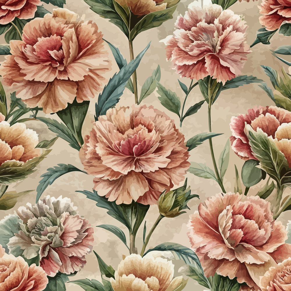 peach carnations, coral flowers, sage green leaves, cream background, botanical pattern, ruffled petals, floral design, art nouveau style, quilting cotton, fabric panel, romantic florals, vintage inspired, soft pastels, layered blooms, garden flowers, elegant pattern, nature motif, peachy pink, muted tones, decorative florals