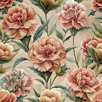 peach carnations, coral flowers, sage green leaves, cream background, botanical pattern, ruffled petals, floral design, art nouveau style, quilting cotton, fabric panel, romantic florals, vintage inspired, soft pastels, layered blooms, garden flowers, elegant pattern, nature motif, peachy pink, muted tones, decorative florals