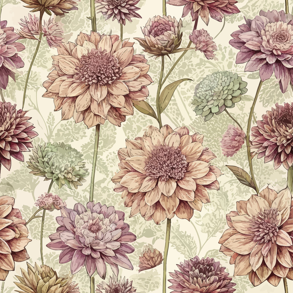 vintage floral, scabiosa flowers, mauve, dusty pink, sage green, cream background, botanical illustration, art nouveau style, quilting cotton, fabric panel, repeating pattern, layered petals, muted tones, romantic florals, nature motif, textile design, soft pastels, garden flowers