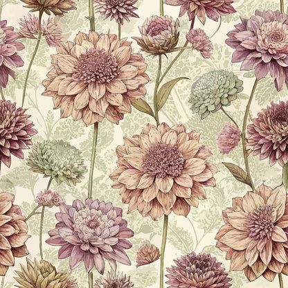 vintage floral, scabiosa flowers, mauve, dusty pink, sage green, cream background, botanical illustration, art nouveau style, quilting cotton, fabric panel, repeating pattern, layered petals, muted tones, romantic florals, nature motif, textile design, soft pastels, garden flowers