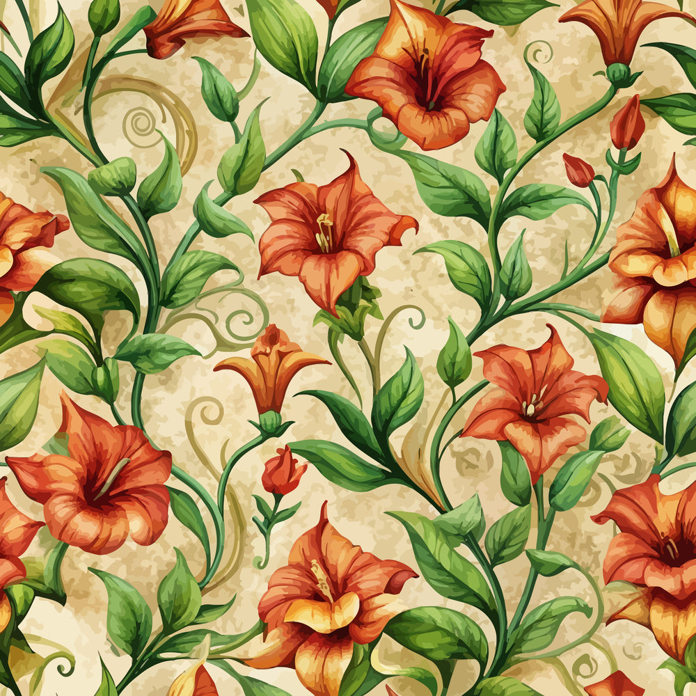 orange flowers, red blooms, green leaves, botanical pattern, floral design, art nouveau style, flowing vines, decorative swirls, cream background, quilting cotton, seamless repeat, ornamental florals, nature motif, vintage inspired, organic curves, elegant pattern, fabric panel, botanical illustration, warm colors, decorative arts