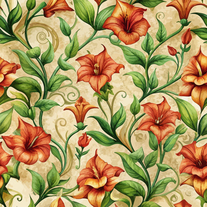 orange flowers, red blooms, green leaves, botanical pattern, floral design, art nouveau style, flowing vines, decorative swirls, cream background, quilting cotton, seamless repeat, ornamental florals, nature motif, vintage inspired, organic curves, elegant pattern, fabric panel, botanical illustration, warm colors, decorative arts