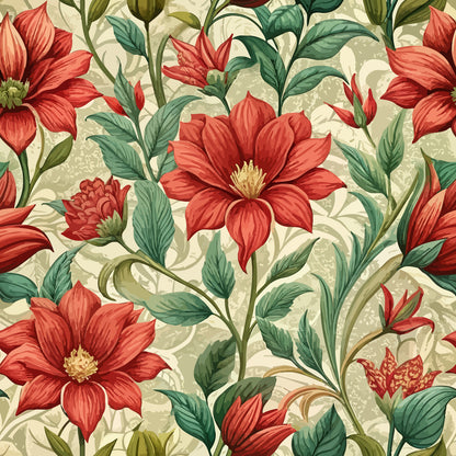 scarlet red, coral pink, sage green, cream background, botanical pattern, floral motif, large blooms, art nouveau style, flowing stems, decorative leaves, quilting cotton, fabric panel, nature inspired, ornamental design, vintage aesthetic, seamless repeat, textile art, crafting material