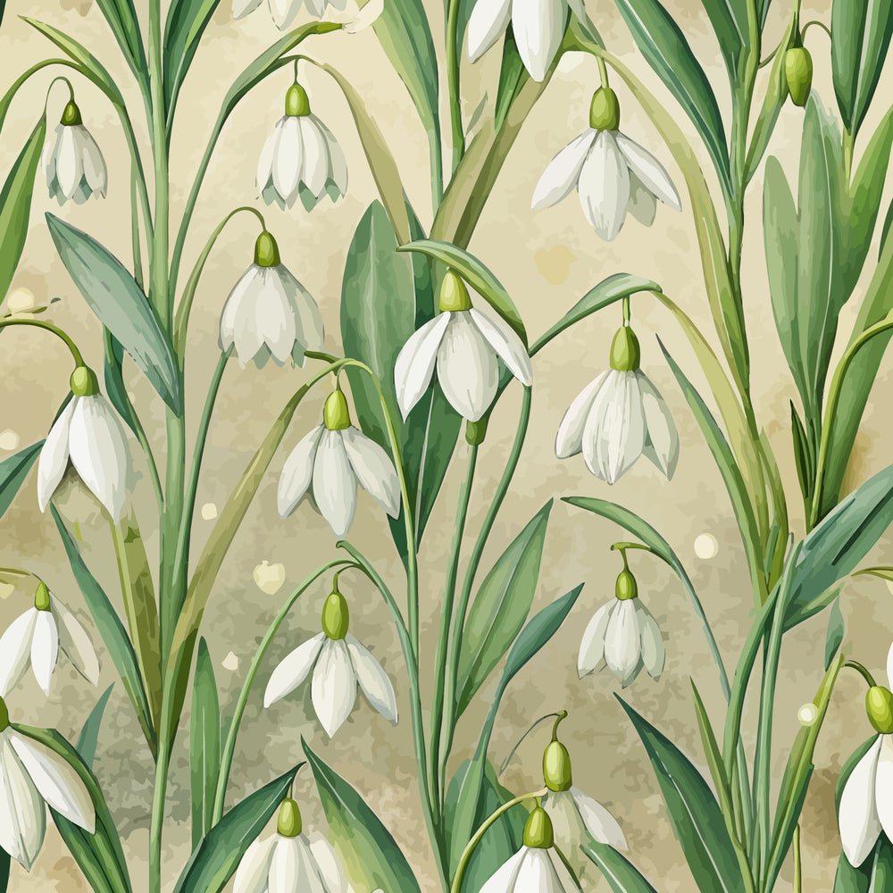 art nouveau, snowdrops, botanical pattern, white flowers, green leaves, sage green, cream background, nature motif, spring flowers, delicate blooms, floral design, organic curves, quilting cotton, fabric panel, soft palette, garden flowers, graceful stems, natural elements, vintage style, repeating pattern