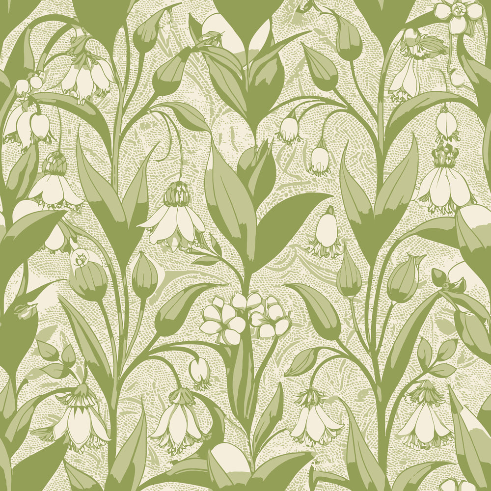 sage green, cream, botanical pattern, art nouveau, solomon's seal flowers, drooping blooms, flowing stems, organic curves, nature motif, quilting cotton, fabric panel, vintage style, floral design, spring flowers, garden theme, repeating pattern, textile design, earthy tones, botanical illustration