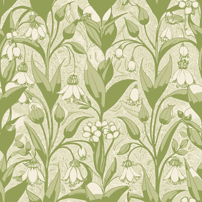 sage green, cream, botanical pattern, art nouveau, solomon's seal flowers, drooping blooms, flowing stems, organic curves, nature motif, quilting cotton, fabric panel, vintage style, floral design, spring flowers, garden theme, repeating pattern, textile design, earthy tones, botanical illustration