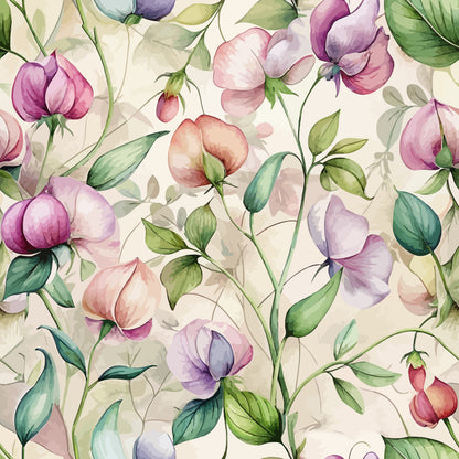 sweet peas, floral pattern, watercolor style, purple flowers, pink blossoms, green leaves, botanical design, art nouveau, climbing vines, pastel colors, cream background, delicate stems, nature motif, quilting cotton, fabric panel, soft pastels, garden flowers, organic curves, romantic florals, vintage inspired