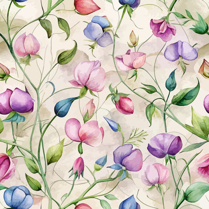 • Art Nouveau Sweet Peas Pattern 2 Quilting Cotton Fabric • floral • sweet peas • blossoms • vines • leaves • green • pink • purple • blue • lavender • pastel • natural • garden • spring • cotton • quilting