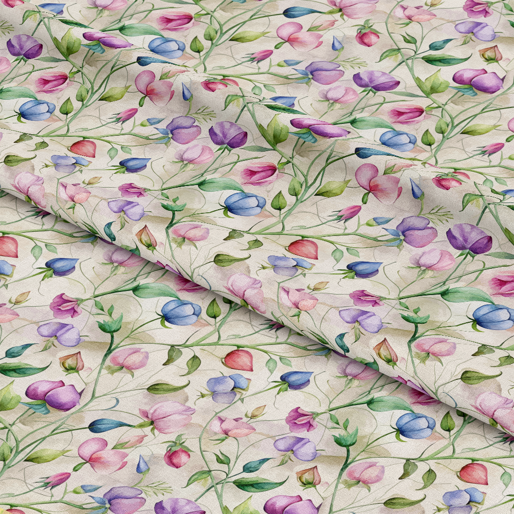 - Art Nouveau Sweet Peas Pattern 2 Quilting Cotton Fabric  
- Floral design  
- Sweet peas flowers  
- Pink, purple, blue, green  
- Botanical motifs  
- Vintage style  
- Natural colors  
- Lightweight cotton  
- Soft texture  
- Quilting material