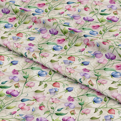 - Art Nouveau Sweet Peas Pattern 2 Quilting Cotton Fabric  
- Floral design  
- Sweet peas flowers  
- Pink, purple, blue, green  
- Botanical motifs  
- Vintage style  
- Natural colors  
- Lightweight cotton  
- Soft texture  
- Quilting material