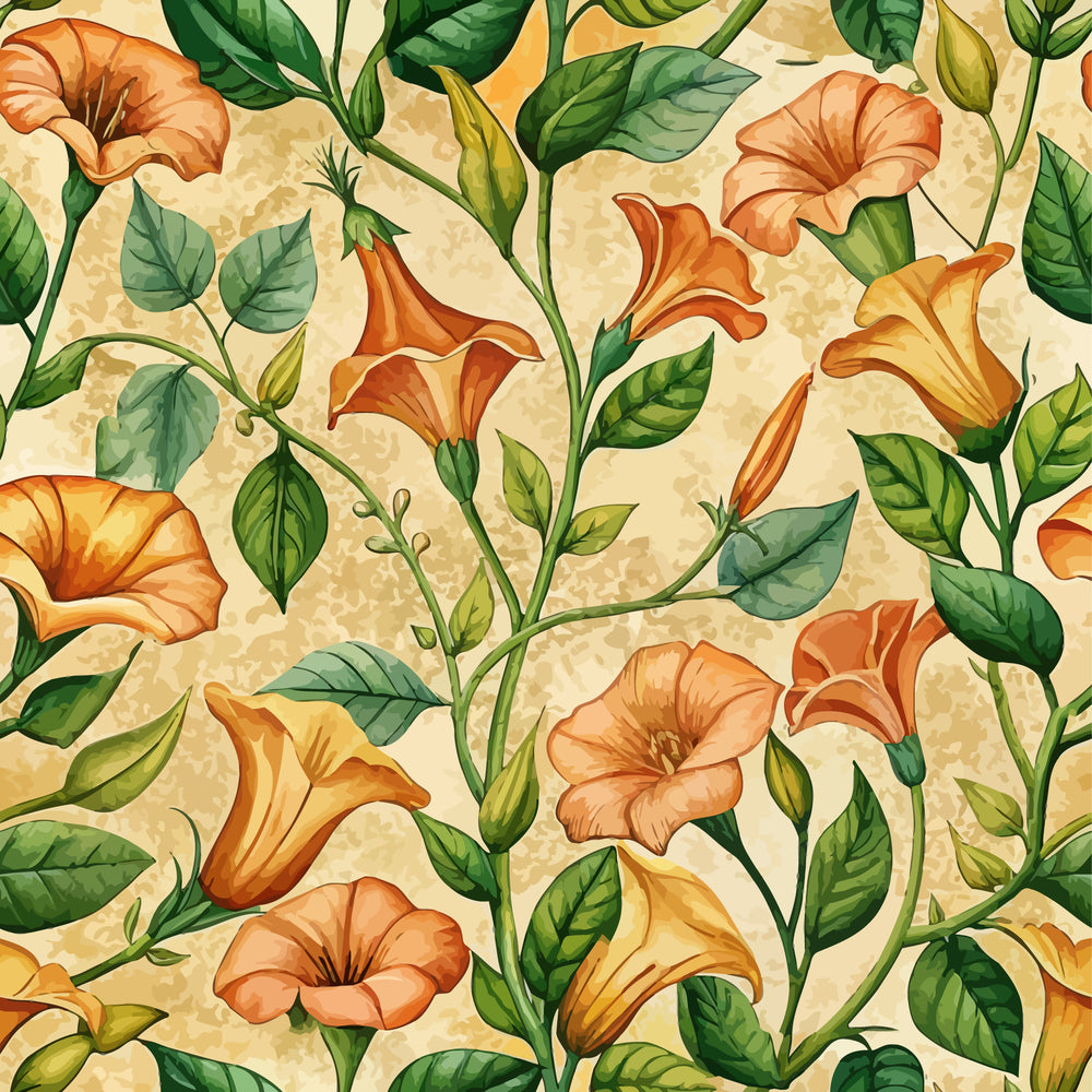 orange flowers, trumpet vines, green leaves, cream background, botanical pattern, floral design, art nouveau style, quilting cotton, fabric panel, morning glory blooms, vine tendrils, peach blossoms, golden yellow, forest green, seamless repeat, climbing vines, garden flowers, nature motifs, cotton fabric, quilting material