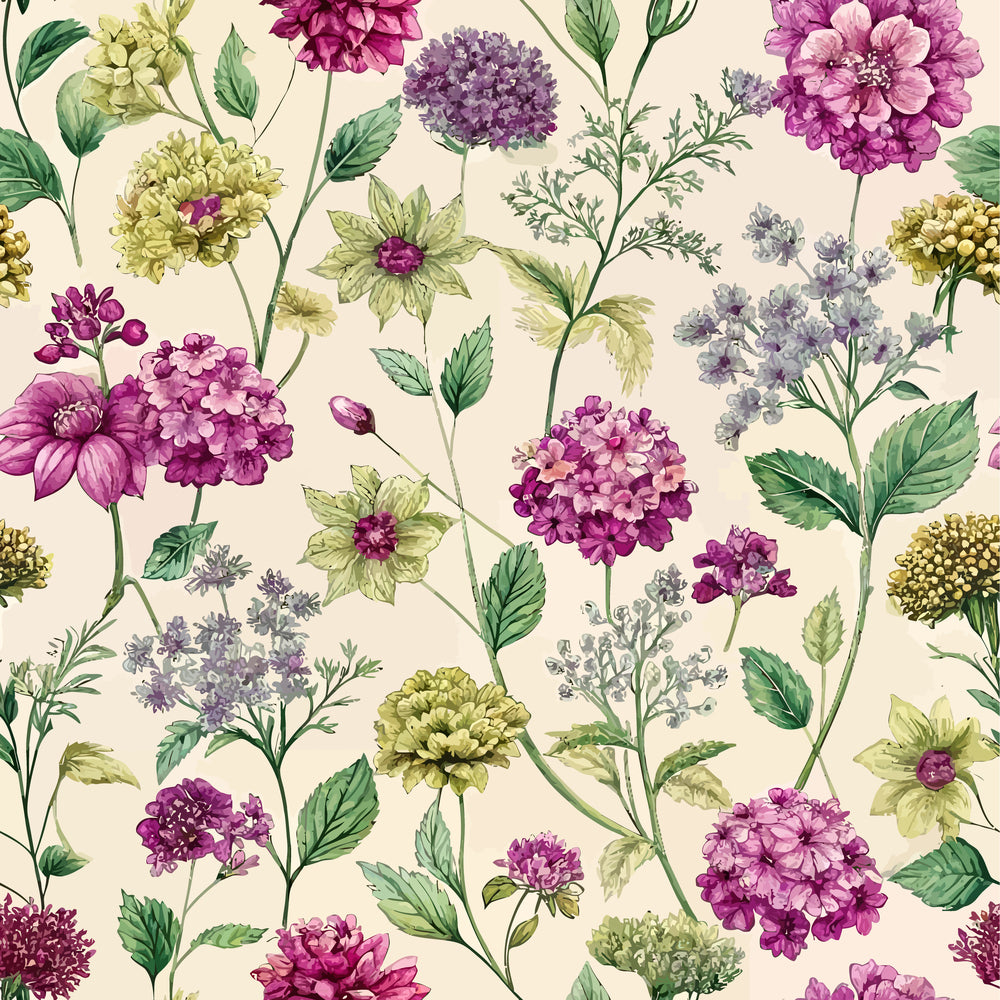 verbena flowers, floral pattern, purple blooms, magenta petals, lavender flowers, chartreuse green, sage leaves, cream background, botanical illustration, art nouveau style, quilting cotton, fabric panel, delicate stems, clustered blossoms, vintage floral, nature motifs, repeating pattern, soft pastels, garden flowers