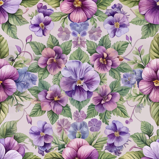 • Art Nouveau Violets Pattern 2 Quilting Cotton Fabric  
• Floral design  
• Purple, lavender, pink flowers  
• Green leaves  
• Vintage style  
• Cotton textile  
• Quilting material  
• Nature motif  
• Decorative fabric  
• Soft texture