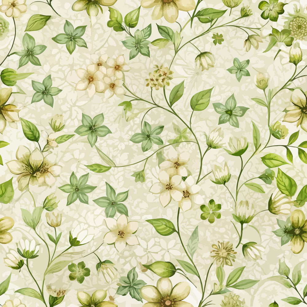 cream background, sage green, pale yellow, botanical pattern, woodruff flowers, delicate blooms, trailing vines, small leaves, art nouveau style, floral motif, quilting cotton, fabric panel, nature inspired, soft pastels, elegant design, seamless repeat, vintage aesthetic, garden flowers