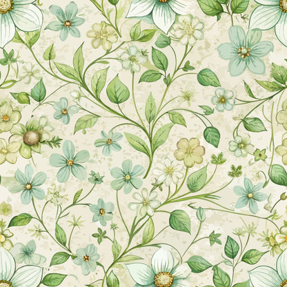 sage green, mint green, cream background, botanical pattern, delicate flowers, trailing vines, leaves, art nouveau style, floral motif, quilting cotton, fabric panel, nature inspired, soft pastels, organic design, woodruff flowers, flowing stems, seamless repeat, vintage style, botanical illustration, spring florals