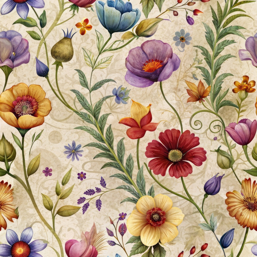 purple flowers, yellow blooms, red poppies, blue tulips, orange daisies, vintage floral, botanical pattern, wildflower meadow, quilting cotton, fabric panel, whimsical illustration, spring garden, mixed florals, cream background, delicate stems, nature motifs, cottage core, soft pastels, repeating design, crafting material