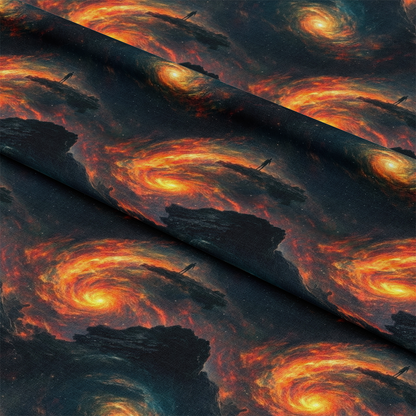 Aurora Starry Night Sky Pattern 11 Quilting Cotton Fabric featuring celestial design, starry night, swirling galaxy, orange and yellow flames, dark blue background, cosmic cotton fabric, quilting material, vivid cosmic print, premium quilting cotton, night sky motif