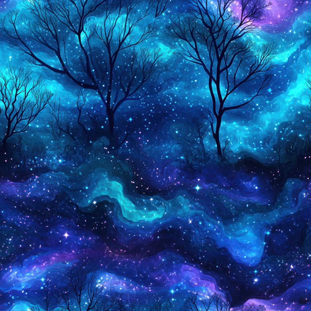 Abstract scene depicting silhouettes of trees against a swirling cosmic background of blues and purples, resembling a starry night sky.