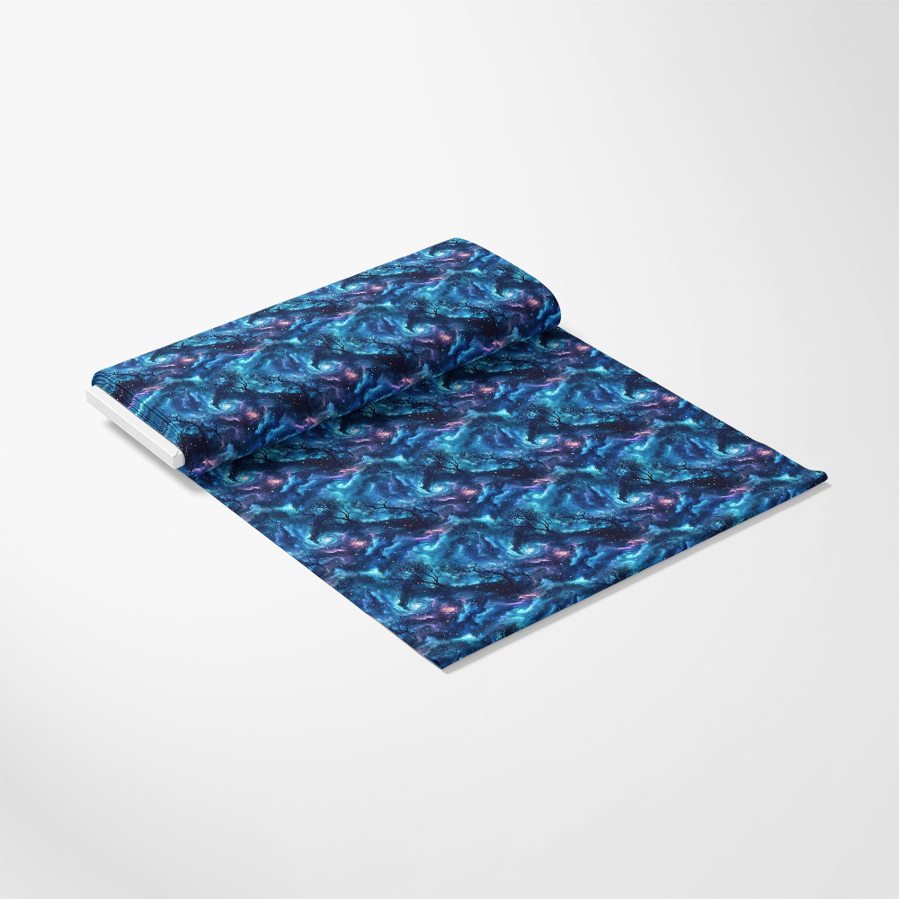 - Aurora Starry Night Sky Pattern 14 Quilting Cotton Fabric  
- Blue, navy, purple, black, teal  
- Starry, celestial, night sky, swirling, cosmic, abstract  
- Quilting, cotton, fabric, textile, cloth, material  
- Premium, soft, smooth, vibrant, durable, printed