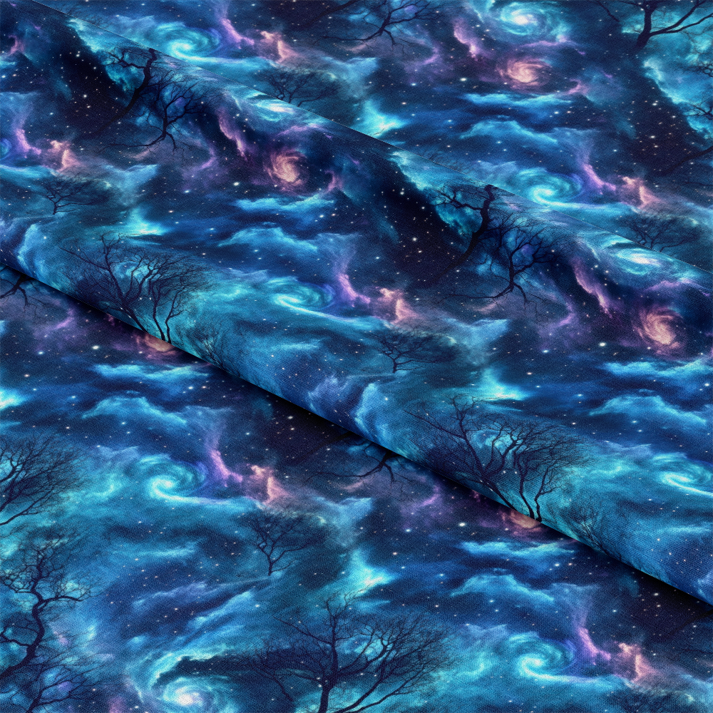 Aurora Starry Night Sky Pattern 14 Quilting Cotton Fabric, deep blue galaxy, swirling stars, night sky design, cosmic theme, black tree silhouettes, celestial fabric, quilting cotton, vibrant colors, soft texture, premium material, yardage fabric for quilting projects