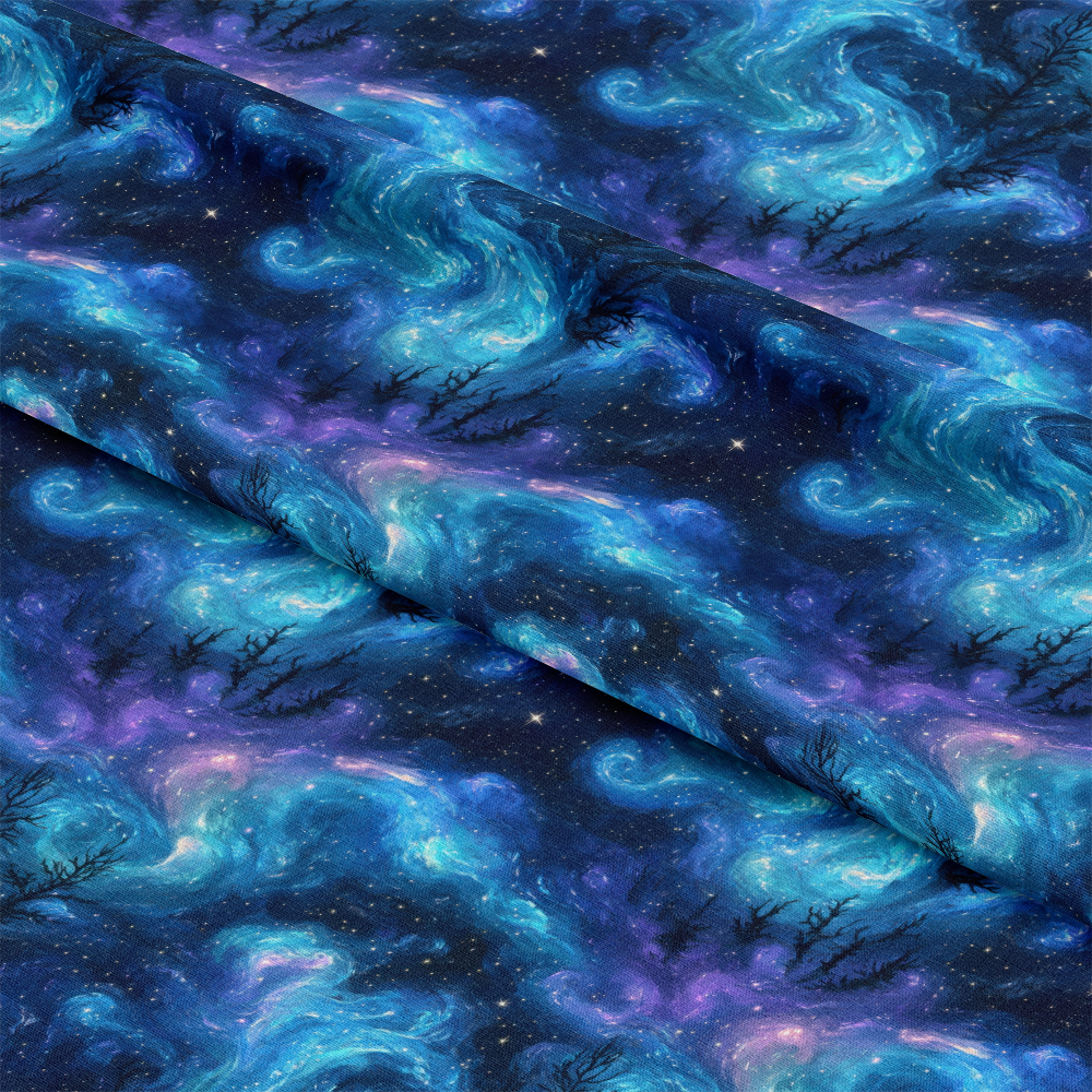 Aurora Starry Night Sky Pattern 15 Quilting Cotton Fabric featuring deep blue, purple, and black shades, swirling celestial design, stars and nebulae motif, soft cotton textile, quilting material, cosmic theme, night sky inspired print, celestial quilting fabric, premium cotton cloth.